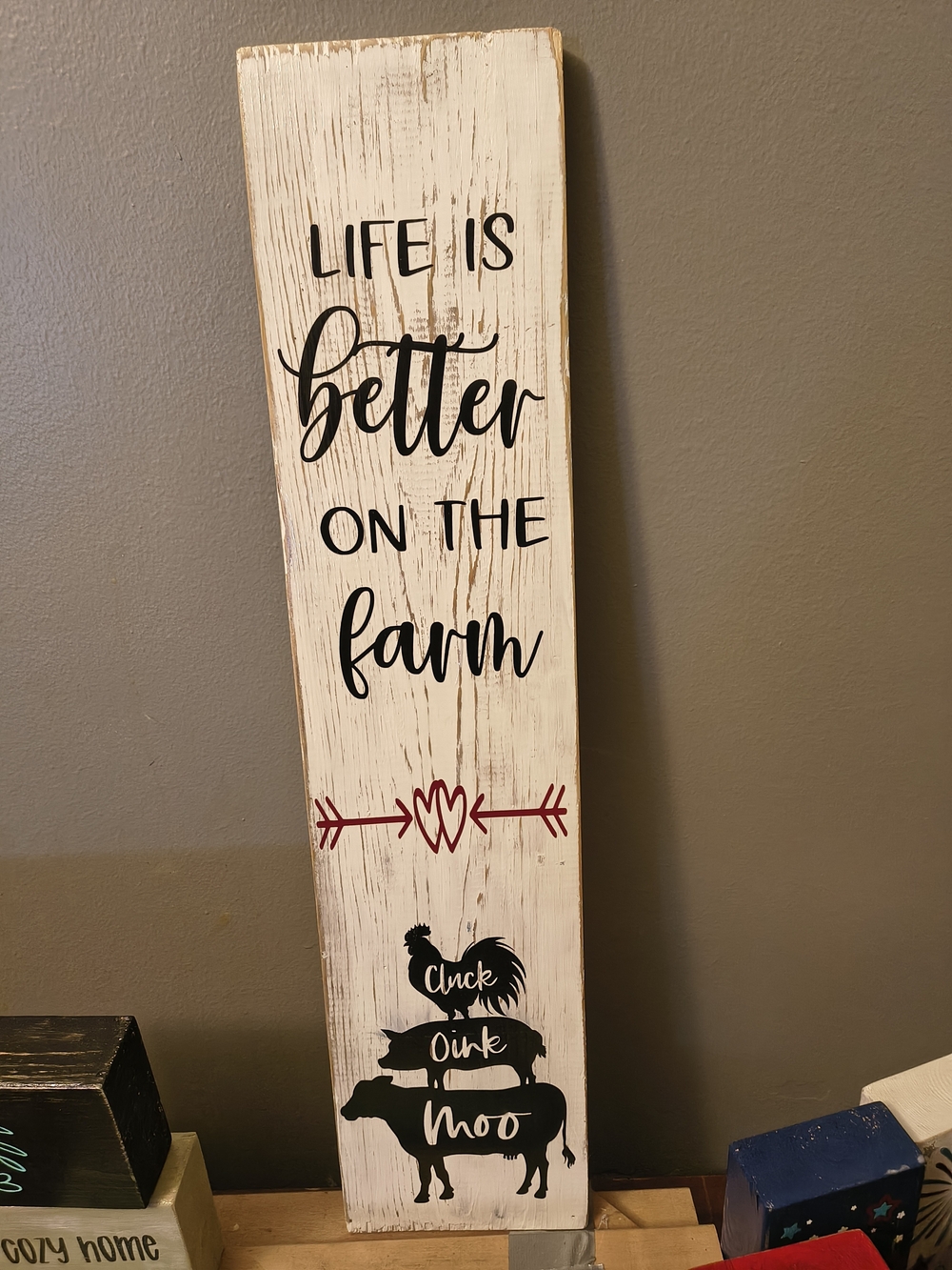 Rustic Farmhouse Wall Sign - White with Black & Red Accents